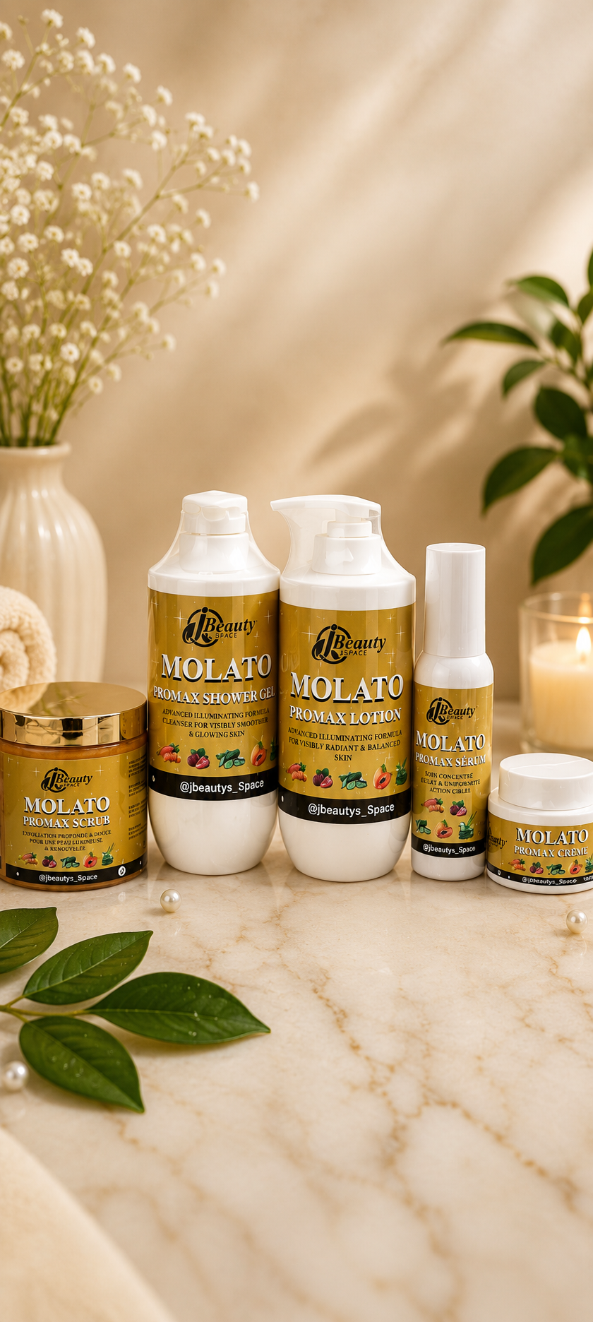 Jbeauty's Molato promax Extra Lightening body set . Body shower, Lotion, Serum, Facial Cream and body scrub.